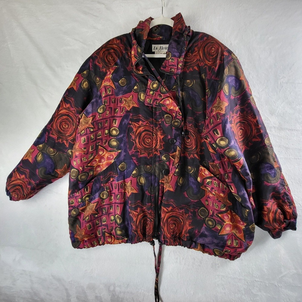 Vintage‎ La Fleur Bomber Blazer Women Size M Purple Orange 100% Silk 80s Paisley